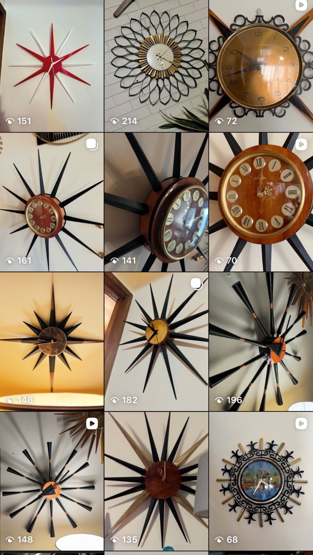 Grid of mid-century starburst wall clocks in red, black, walnut and brass.